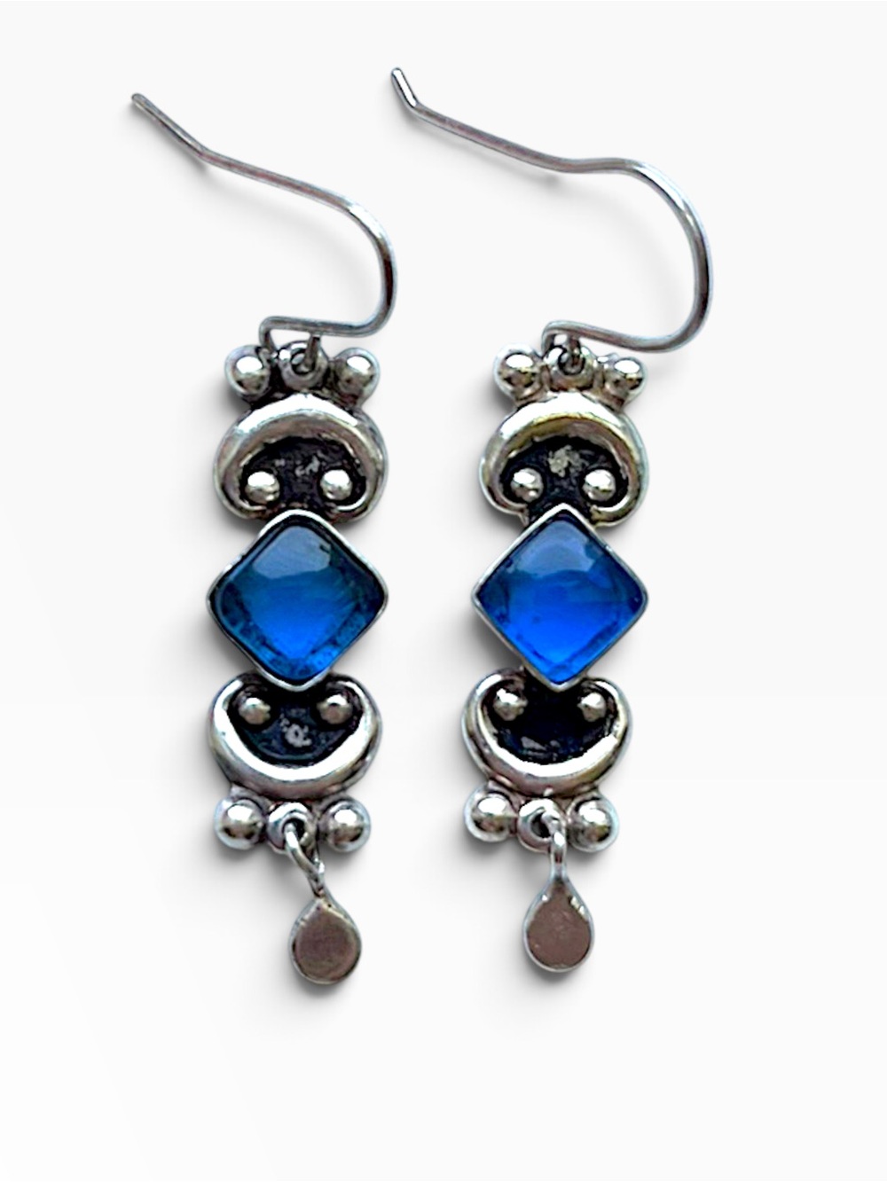 Vintage 70s Mexican Sterling Silver Cobalt Blue Glass Dangle Earrings 925